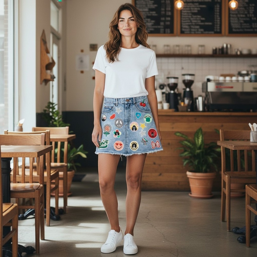 Alice + Olivia High Rise Patch A-line Denim Skirt Medium Wash Blue Mini